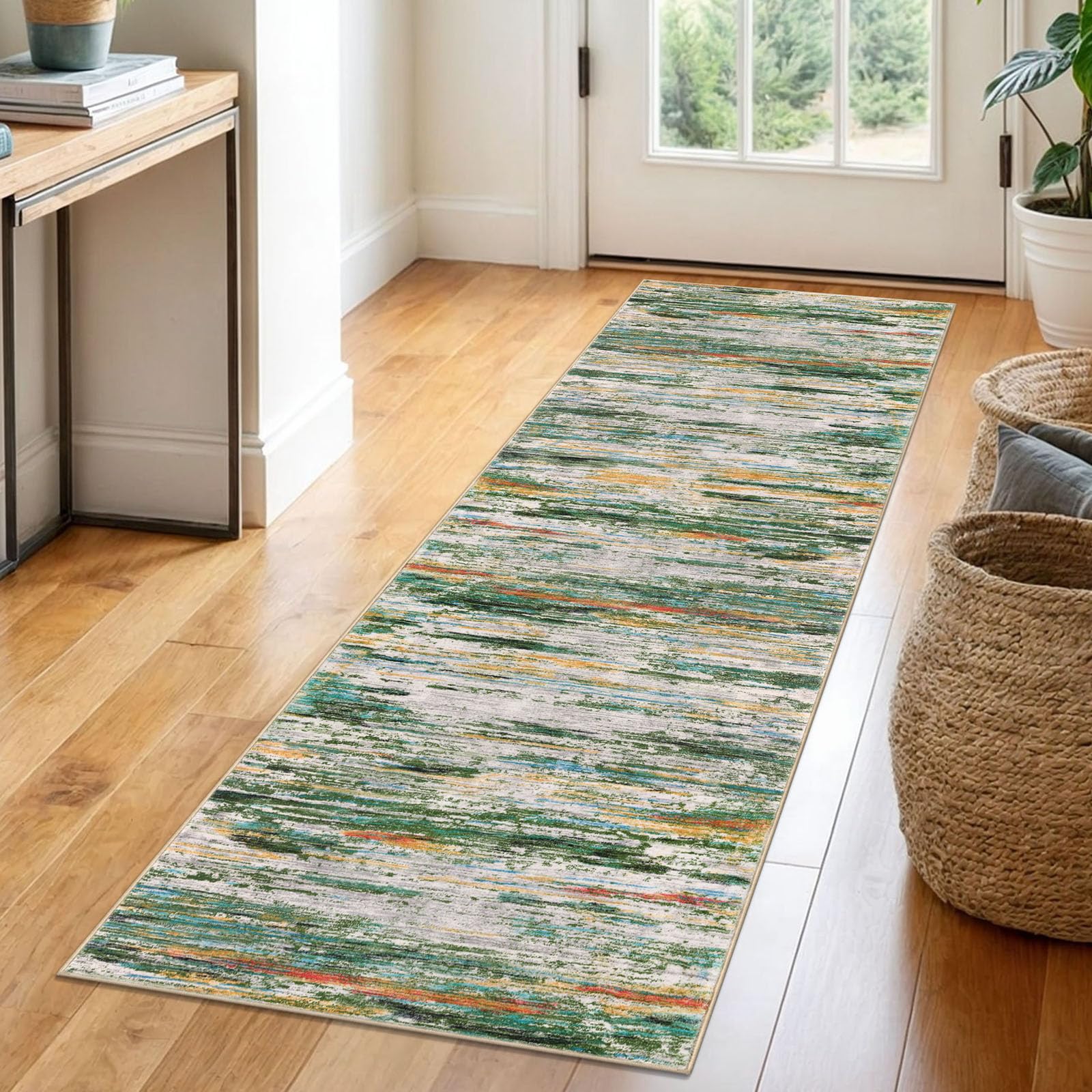 Photo 1 of SIILOOM 2x6 Modern Abstract Runner Rug for Hallway, Green Teal Orange Multi Super Soft Hallway Decor Kitchen Rugs with Non-Slip, Non-Shedding Washable Rug for Entryway Bedroom Laundry Indoor