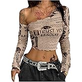 WDIRARA Women's Newspaper Print Off The Shoulder Tops Long Sleeve Mesh T Shirts Y2k Crop Tops