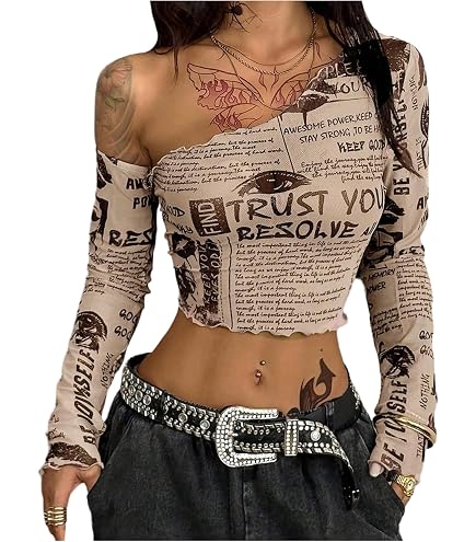 Women's Mesh Top with Long Sleeve Letter Print, See Through Sheer