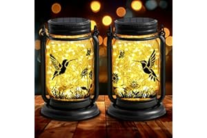 YJFWAL 2 Pack Hummingbird Solar Outdoor Lanterns, Birthday Mothers Day Gifts for Women Mom Grandma, Vintage Glass Mason Jar Solar Fairy Lights, Waterproof Garden lights for Patio Yard Lawn Tree Party Decor
