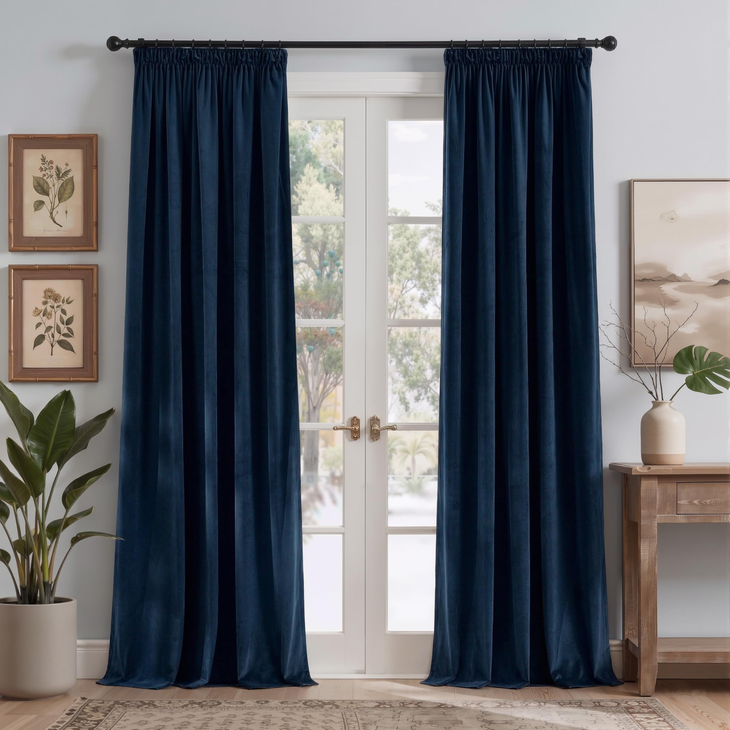 PONY DANCE Navy Blue Velvet Blackout Pencil Pleat Curtains - Thermal Insulated Luxury Drapes with Rod Pocket for Living Room & Bedroom, 52x90 Inches, 2 Panels