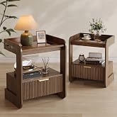 Fluted Nightstands Set of 2, Mid Century Modern Night Stand with Drawer and Open Shelf, Amber Glass Top Wood Bedside End Tables for Bedroom and Living Room