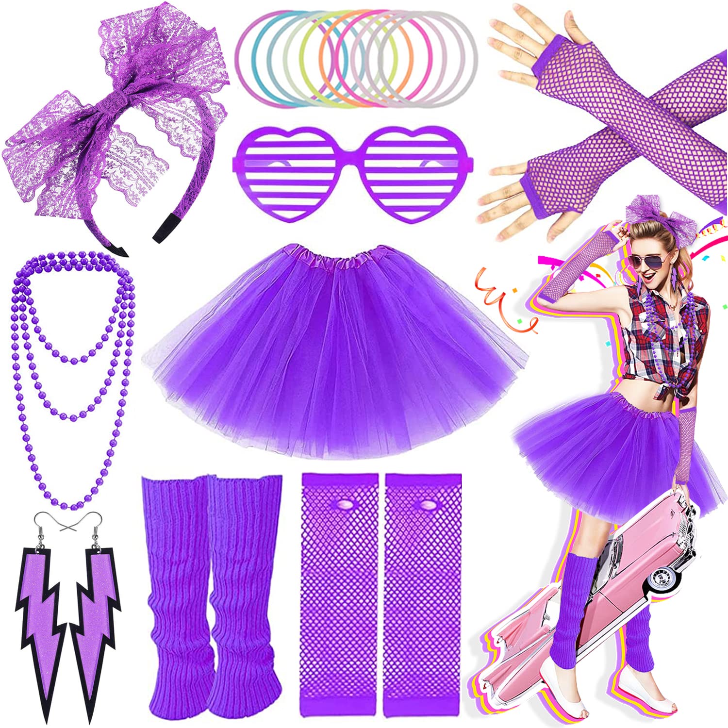 Ronilp 80s Fancy Dress For Women,1980s Fancy Party Purple Costume Accessories Set, Tutu Skirt Leg Warmers Necklace Bracelets Fishnet Gloves 80s Lace Bow Headband Earrings Sunglasses — image 1