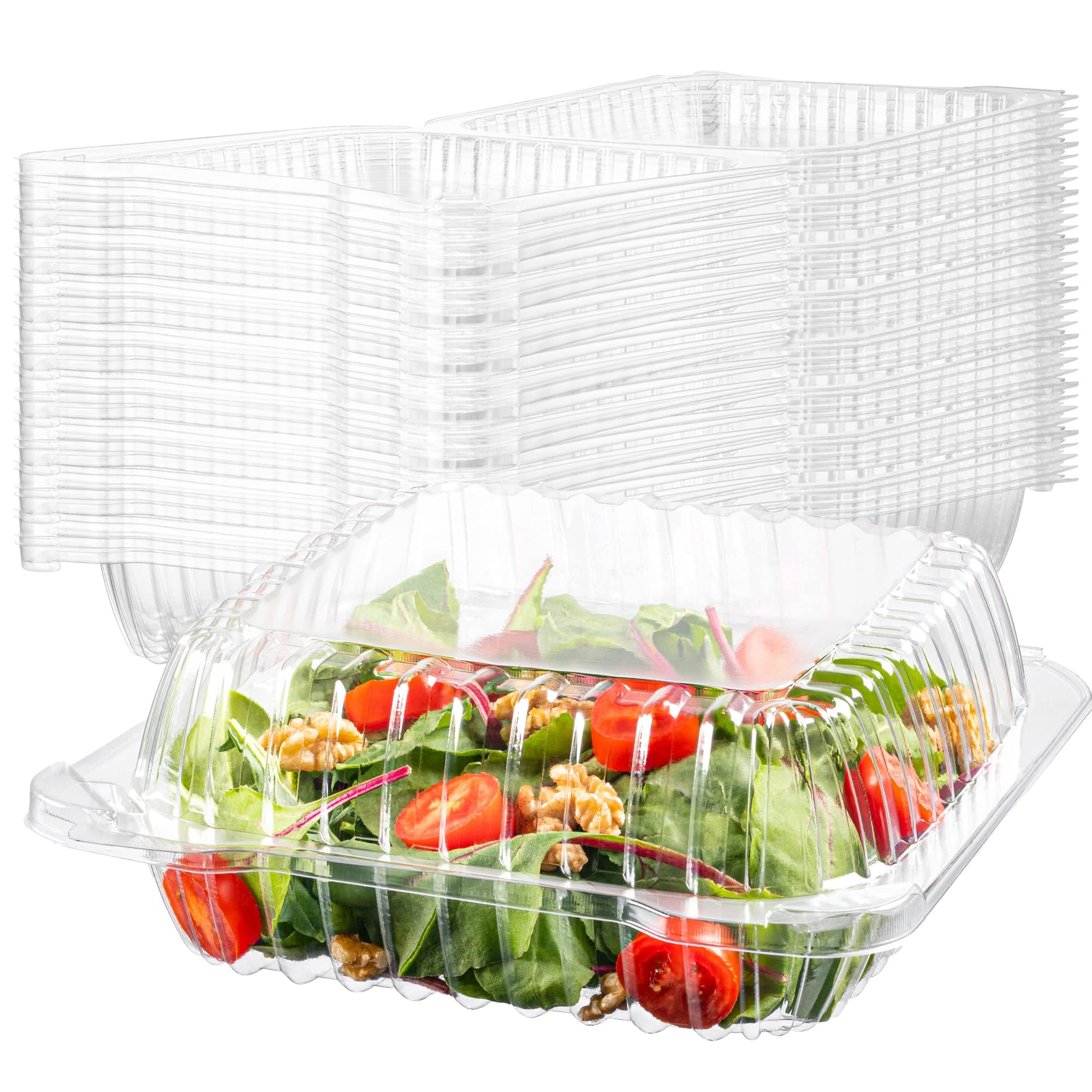 Photo 1 of HOUZZKINGZ USA 25 Clear Plastic Containers, 8" X 8" X 3" Hinged Lid Togo Clamshell Food Containers for Food, Strawberry Boxes, Bakery Supplies, Cake, Cookie, Dessert, Salad, Treat Boxes
