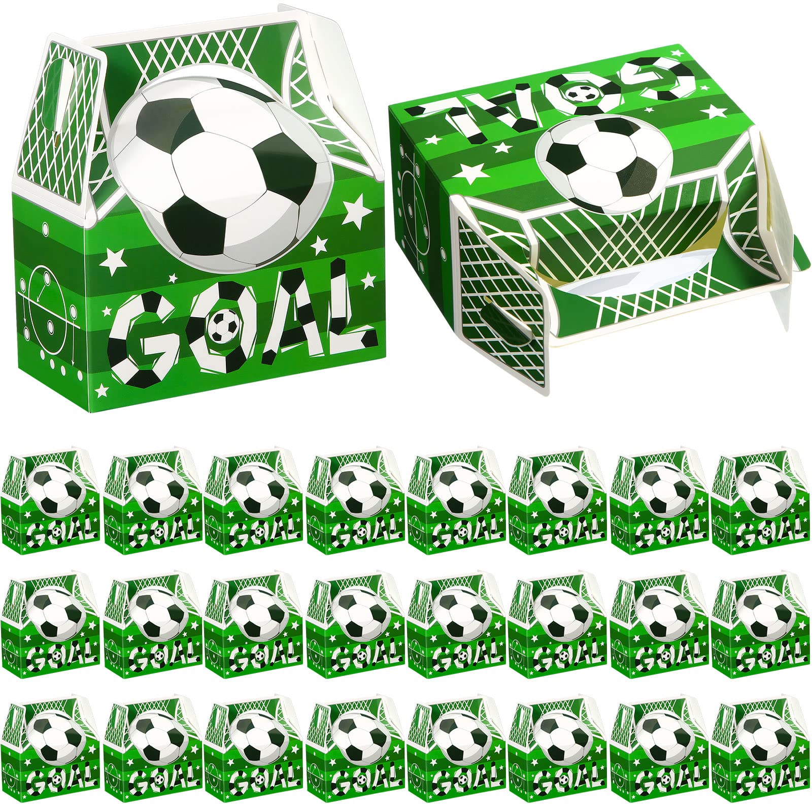 Zonon 25 Pcs Rectangular Green Fold Top Cardboard Folding and Assembly Paper Disposable Soccer Candy Goodie Gift Bags for Kids Soccer Sports Theme Birthday Decoration, 4.72 x 2.36 x 4.72 Inch