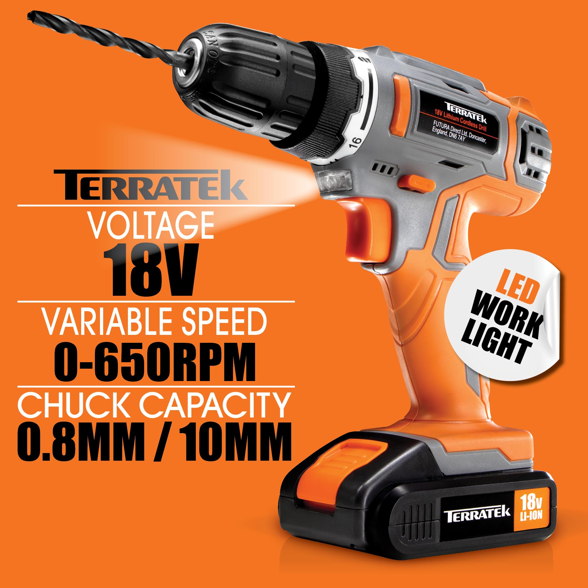 Terratek Cordless Drill Driver 18V Lithium-Ion, 13Pc Electric Screwdriver Set, LED Work Light, Electric Drill Quick Change Power Drill Battery and Charger Included