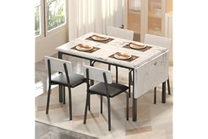 IRONCK 5-Piece 63" Extendable Dining Table with 4 Upholstered Chairs, Kitchen Table Set for 4-8 People, Dining Room Sets with MDF Wood Board, Drop Leaf Table Design for Space Saving, Marple White