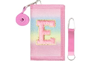 SiorVeol Girls Wallet for Kids Initial Glitter Wallets Trifold with Zipper and Card Slots Including Neck Lanyard and Hanging Strap, Rainbow with Stripes, E