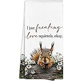 Fewgb Farmhouse Squirrel Kitchen Towel Gifts for Squirrel Lovers Decorative, I Just Freaking Love Squirrels Dish Towels Tea Towels, Squirrels Hand Towel for Kitchen Bathroom Decor 16x24