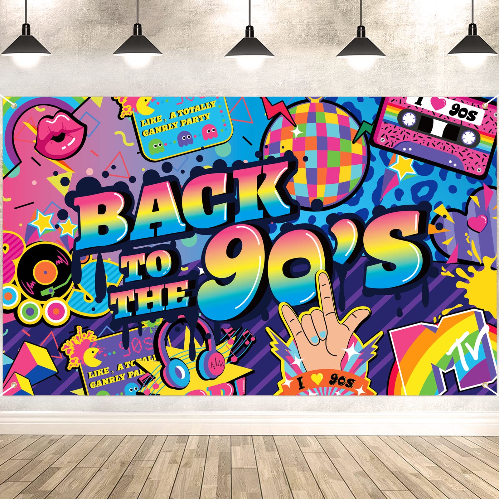 DPKOW Large Back To The 90's Banner for Retro 90s Party Decoration for 1990s Birthday Party Backdrop Decoration Indoor House, Colorful 90s Party Supplies, 185 x 110cm