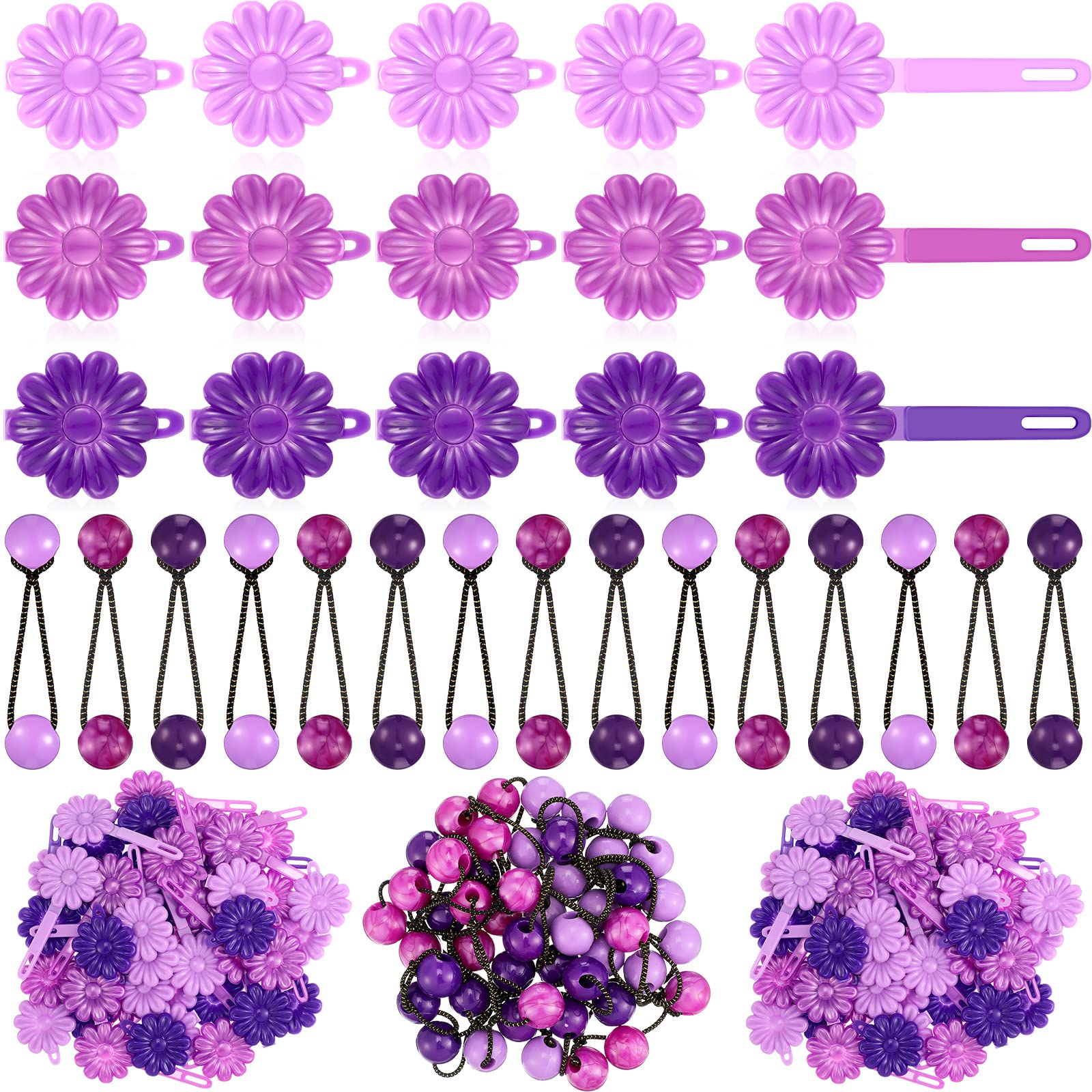 Photo 1 of 72 Pcs Hair Accessories Set: Plastic Self-Hinge Barrettes, Hair Balls, Bow Ties, Flower Clips for Girls, Baby, and Toddler (Purple, 80s 90s Inspired)
