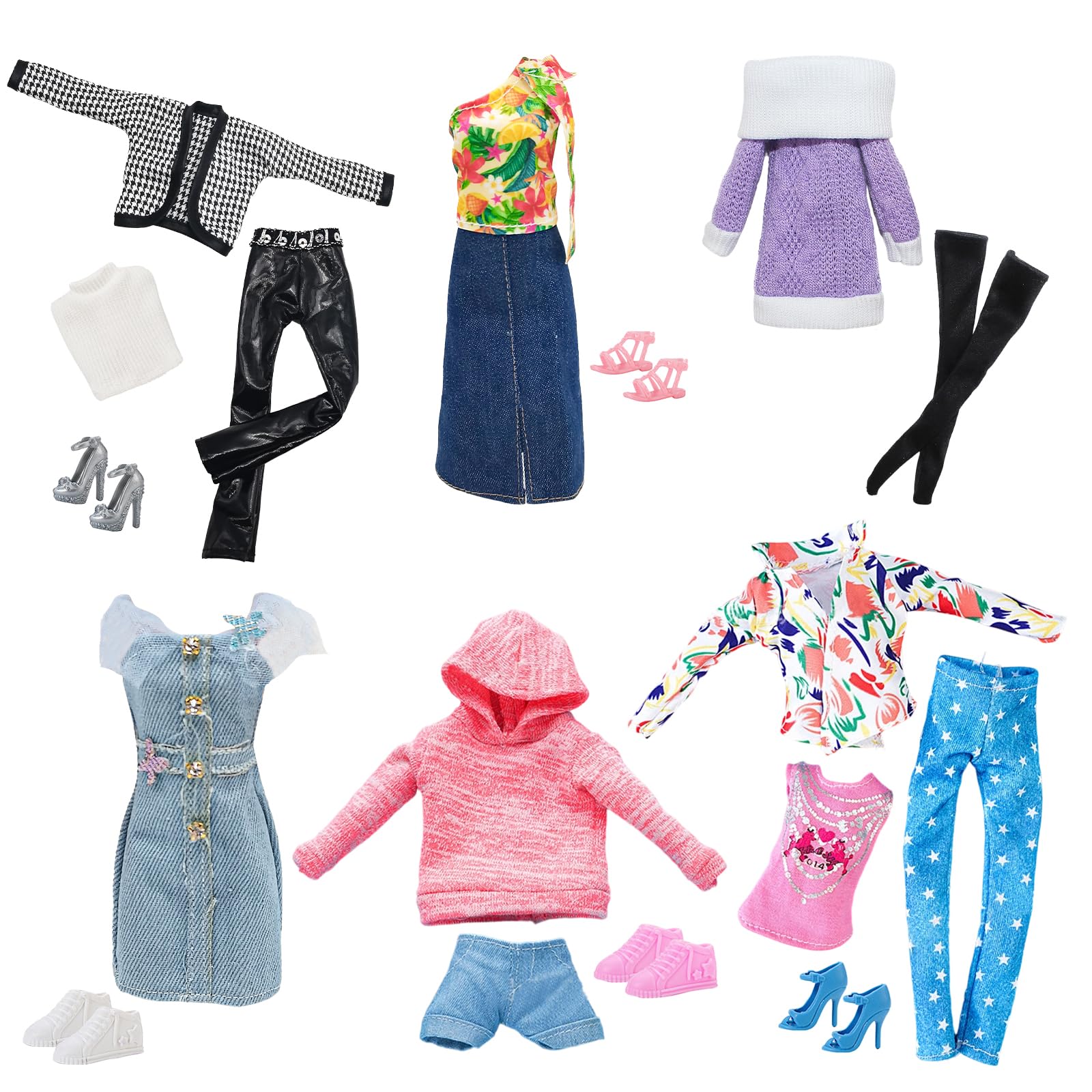 11 Pcs Doll Clothes and Accessories Compatible with Barbie, 1 Houndstooth Suit 1 Denim Skirt Set 1 Dress 1 Sweatshirt Set 1 Fashion Sweater 1 Casual Set 5 Shoes In Random, for Girls