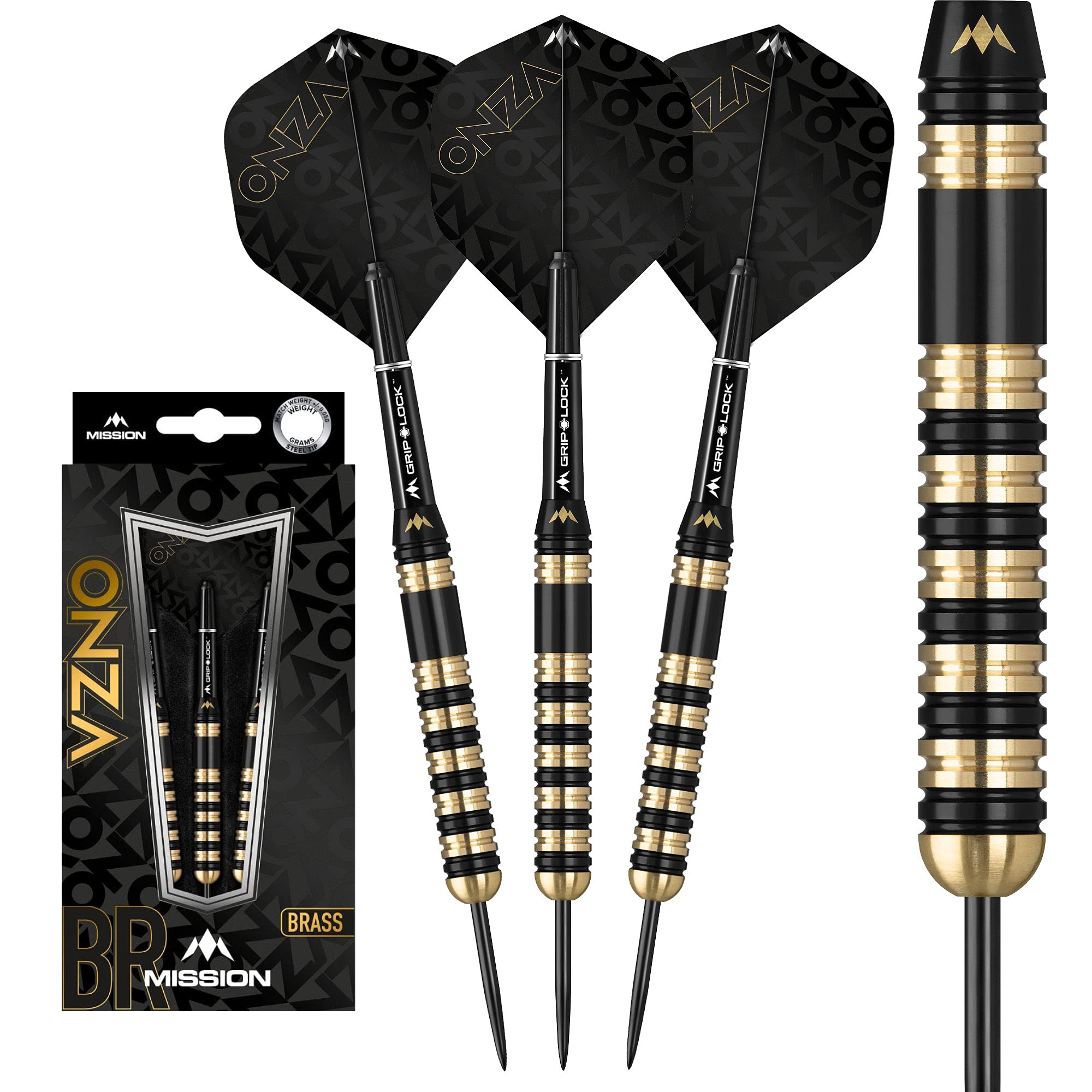 Mission Darts D1577 Onza | 23g Professional Steel Tip Darts Set Including Brass Barrels, Points and Flights, M3, Black/Gold