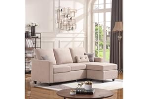 HONBAY L Shaped Couch with Linen Fabric,Convertible, Reversible Sectional Sofa for Small Space, Dark Beige