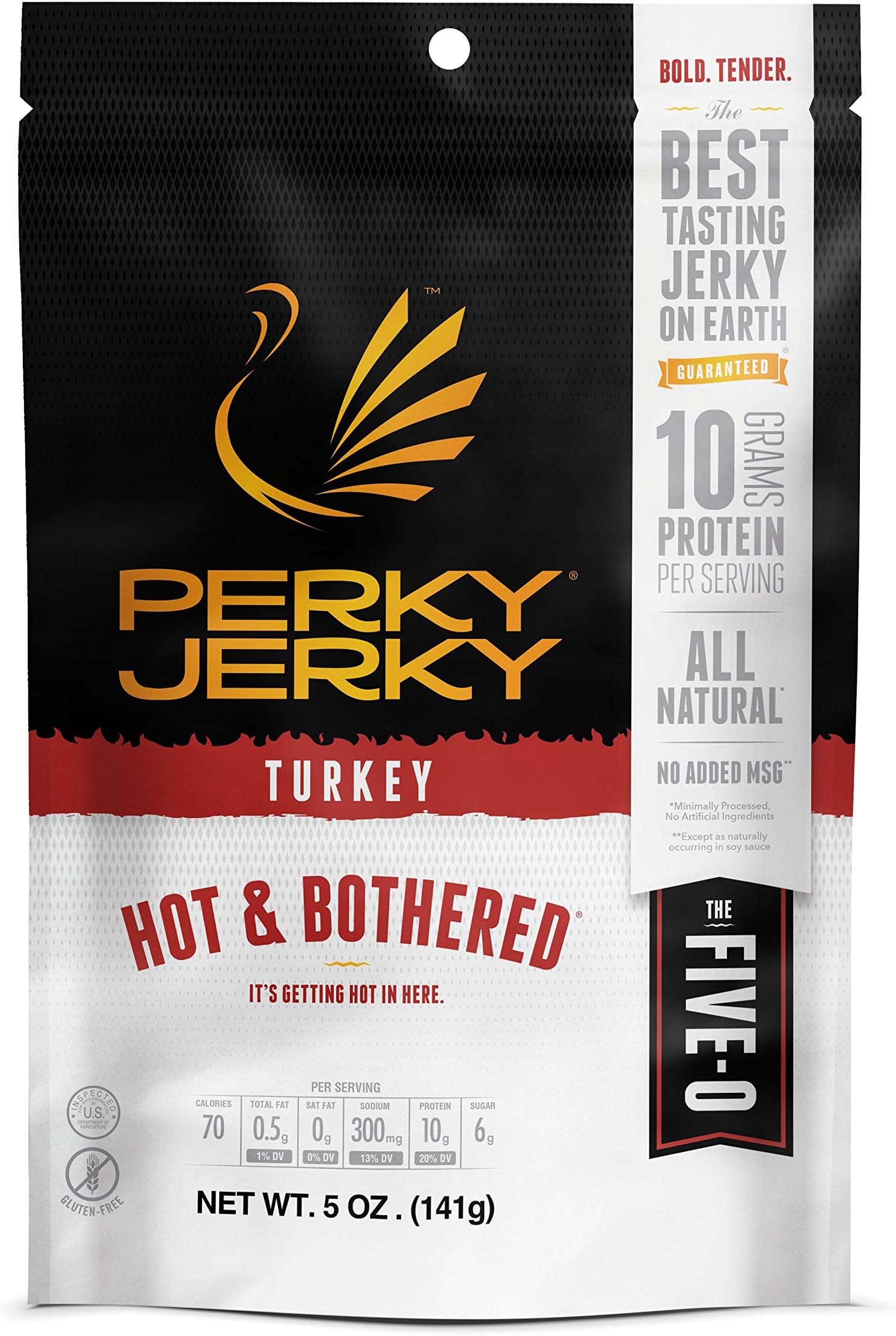 Perky Jerky Hot and Bothered Turkey Jerky, 5 oz bag - Low Sodium - 10g Protein per Serving - Low Fat - 100% U.S. Sourced - Tender Texture