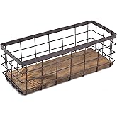 TIEYIPIN Small Metal Wire Storage Basket, Detachable Wood Base Storage Organizer Bin Basket for Kitchen Cabinets, Bathroom, Pantry, Garage, Laundry Room - Brown