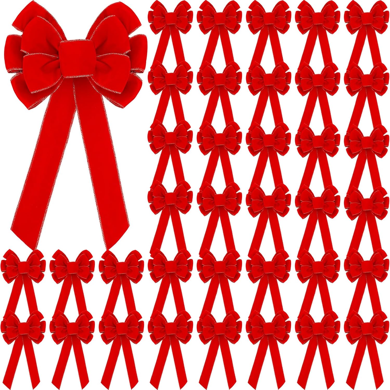 Bows & Ribbons - Lenwen 36 Pcs Large Christmas Bows 11 x 19.6 inch Velvet Christmas Wreath Bows Christmas Tree Topper Bow with Golden Edge Big Xmas Ornament for Wreath Gift Home Front Door Decor (Red)