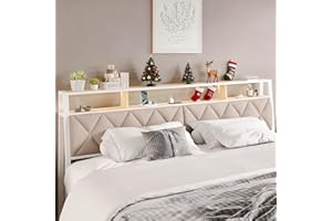 Salamir Queen Headboard Only, Headboard for Queen Size Bed with Storage, Upholstered Headboards with LED Lights & Charging Station, Attach Frame, Ideal for Bedroom/Dorm/Guest Room, White & Beige