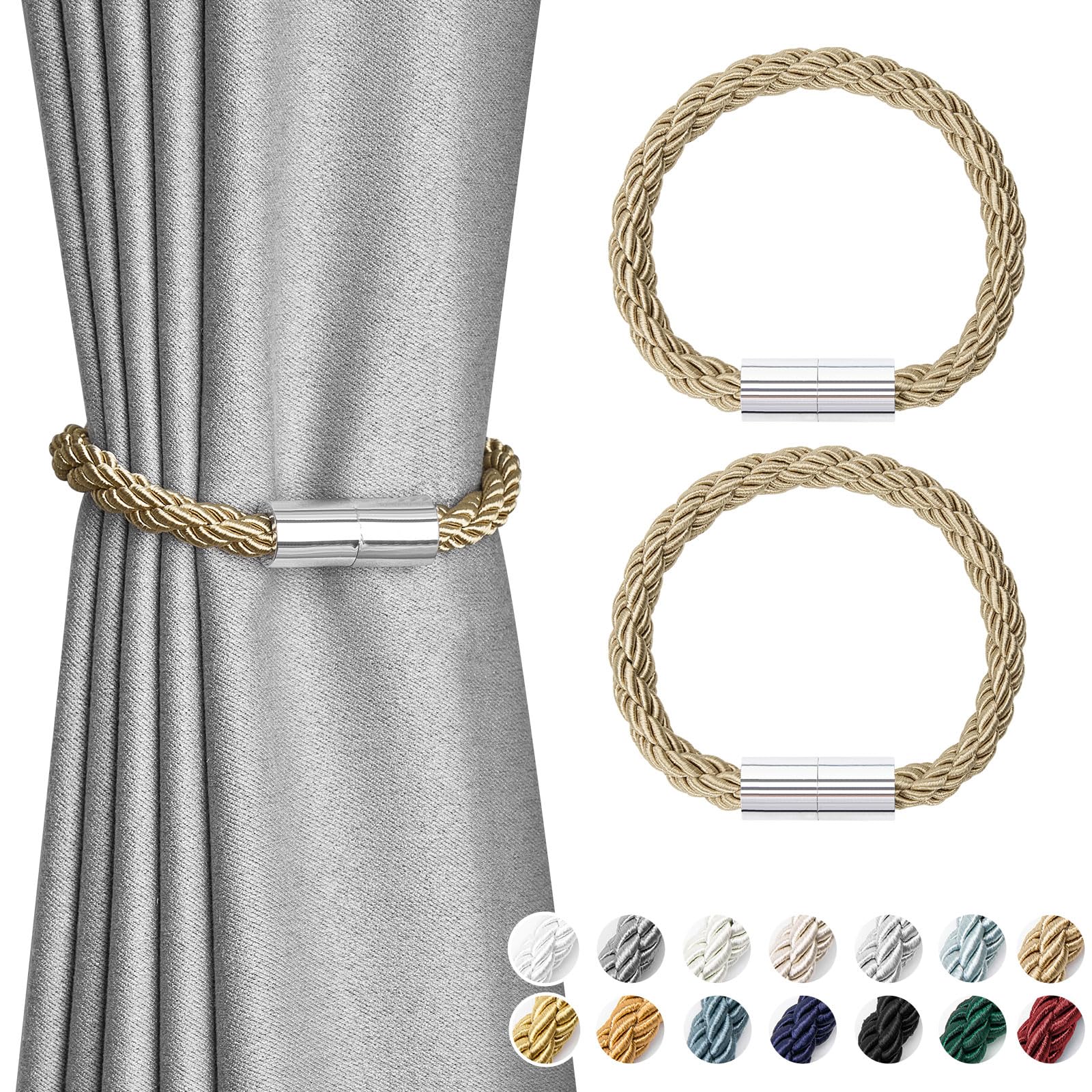 Pretty Jolly 2 Pack Mini Magnetic Curtain Tiebacks Modern Simple Style Drape Tie Backs Elegant Decorative Weave Rope Curtain Holdbacks for Home & Office Thin Window Draperies (Khaki)