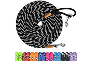 lynxking Long Dog Leash Reflective 15ft 30ft 50ft Check Cord Training Lead Padded Handle Heavy Duty Rope for Puppy Small Medium Large Dogs (Black, 30ft x 3/8inch)