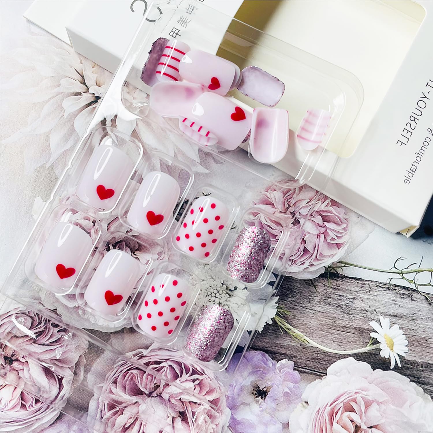 24Pcs Valentines Press on Nails Short Square Petite Pink Heart Fake Nails Valentines Day Nails with Glitter Design Cute Wave Point Full Cover Short False Nails for Women Acrylic Manicure Salon - Image 4