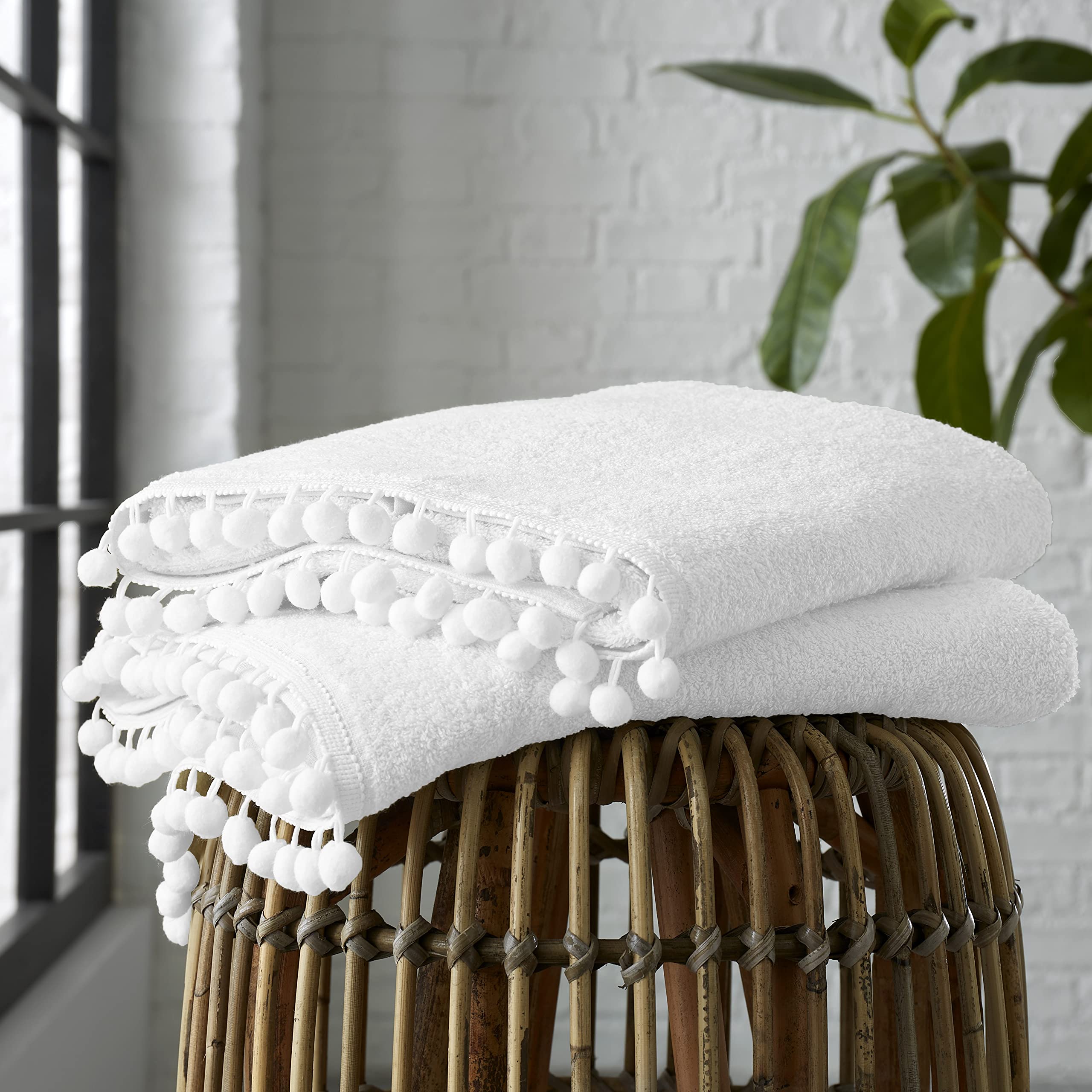 GC GAVENO CAVAILIA Luxury 2PK Pom Pure Cotton 550 GSM Hand Towels OR Ultra Soft Super Absorbent, Egyptian, White, Pack of 2 Bath Sheet