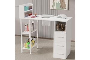 GOFEI Nail Desk for Nail Tech – Manicure Table with Electric Dust Collector, 3 Drawers, 2-Tier Cabinets & 3-Tier Shelves, White Nail Station for Salon or Home Use