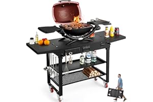 QUIETEX Outdoor Grill Table, 52" w x 17" d Portable Folding Grill Cart 3-Shelf, Movable Pizza Oven Cart Table with Wheels, 580 Lbs Outdoor Grill Stand BBQ Prep Table for Blackstone Griddle 17”/22”Ninja Grill