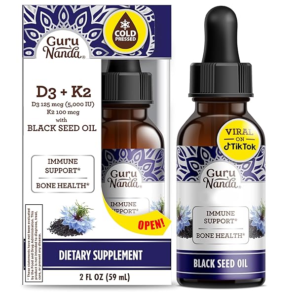 GURUNANDA BLACK SEED OIL, COLD-PRESSED NIGELLA SATIVA – RICH IN VITAMIN D3 5000 UNITS, K2 & E, HIGH THYMOQUINONE | POTENT ANTIOXIDANT FOR IMMUNE SUPPORT, NON-GMO, 2 FL.OZ