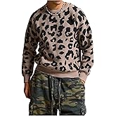 WDIRARA Men's Leopard Sweaters Crew Neck Long Sleeve Pullover Knit Tops Streetwear Knitwear