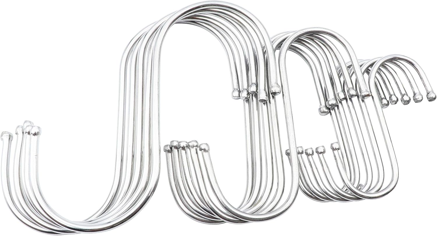 LBY 15-Pack S Shaped Hooks, Stainless Steel Metal Hangers, Hanging Hooks for Kitchen, Work Shop, Bathroom, Garden,(Large/Medium/Small) 3 Sizes, 304 Stainless Steel(Silver)