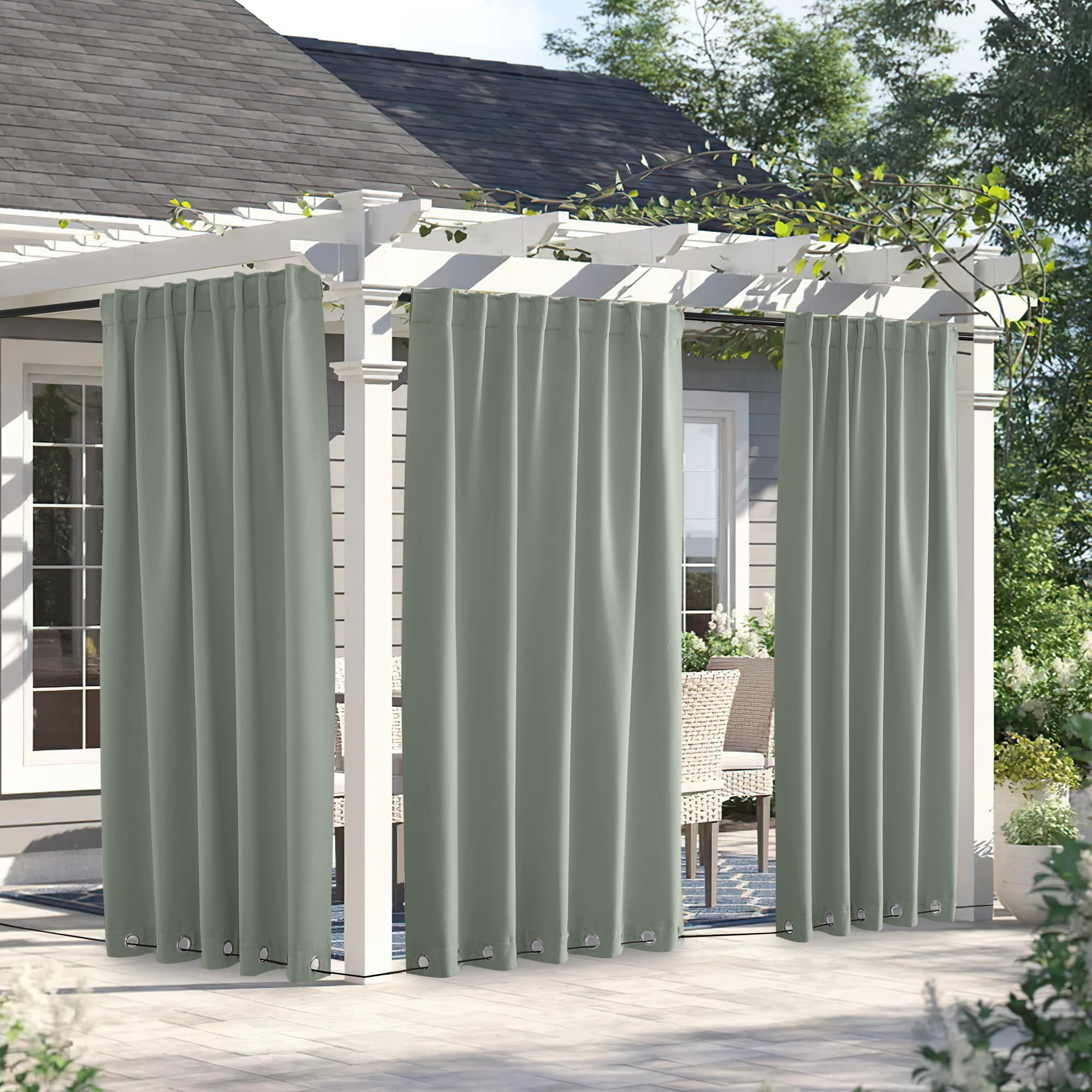 Photo 1 of NICETOWN 2 Panels Outdoor Curtains for Patio Waterproof & Windproof, Thermal Insulated Top & Bottom Grommet & Back Tab Sun Blocking Outdoor Drapes with Fixed Rope for Gazebo, Sage Green, W66 x L90