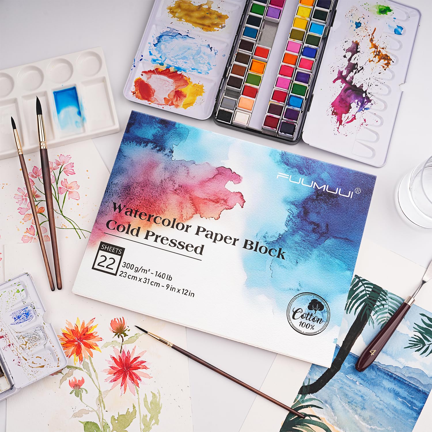 Watercolor Paper Block 9x12 Inch, Fuumuui 100% Cotton Paper Pad, 22 Sheets, Cold Pressed, Acid-Free, 140 lb/300gsm for Painting, Drawing, Art Journaling, Professional Artist Quality