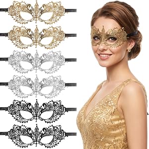 HJZHII 6Pcs Masquerade Mask for Women, Fancy Dress Masks Lace Mask Mysterious Lace Black Gold Silver for Women Masquerade Mas