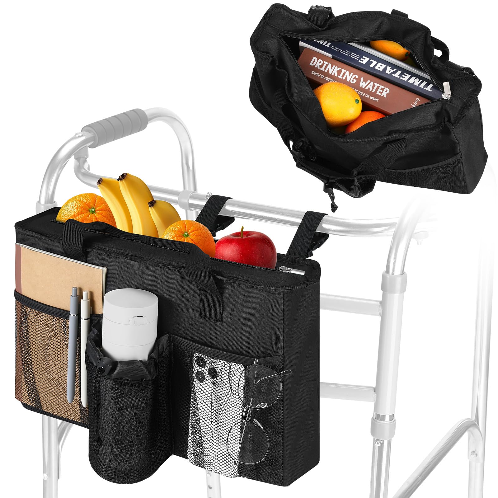 Photo 1 of Rhino Valley Walker Bag, Large Capacity Walker Accessories Storage Bag with Multi Pockets & Cup Holder, Walker Basket with 4 Pockets for Universal Walkers for Seniors, Black