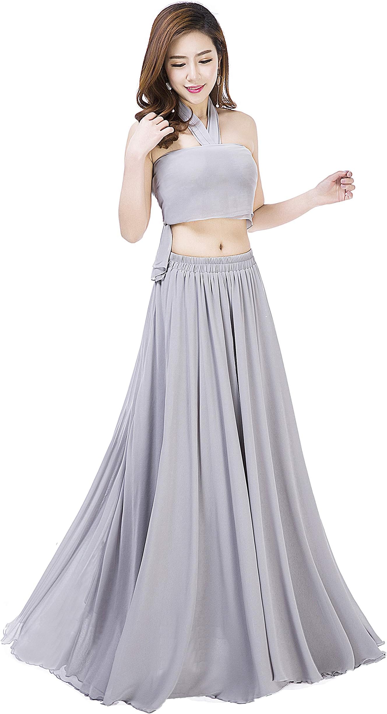 Summer Chiffon High Waist Pleated Big Hem Floor/Ankle Length Beach Maxi Skirt for Women Wedding Party Long Skirts