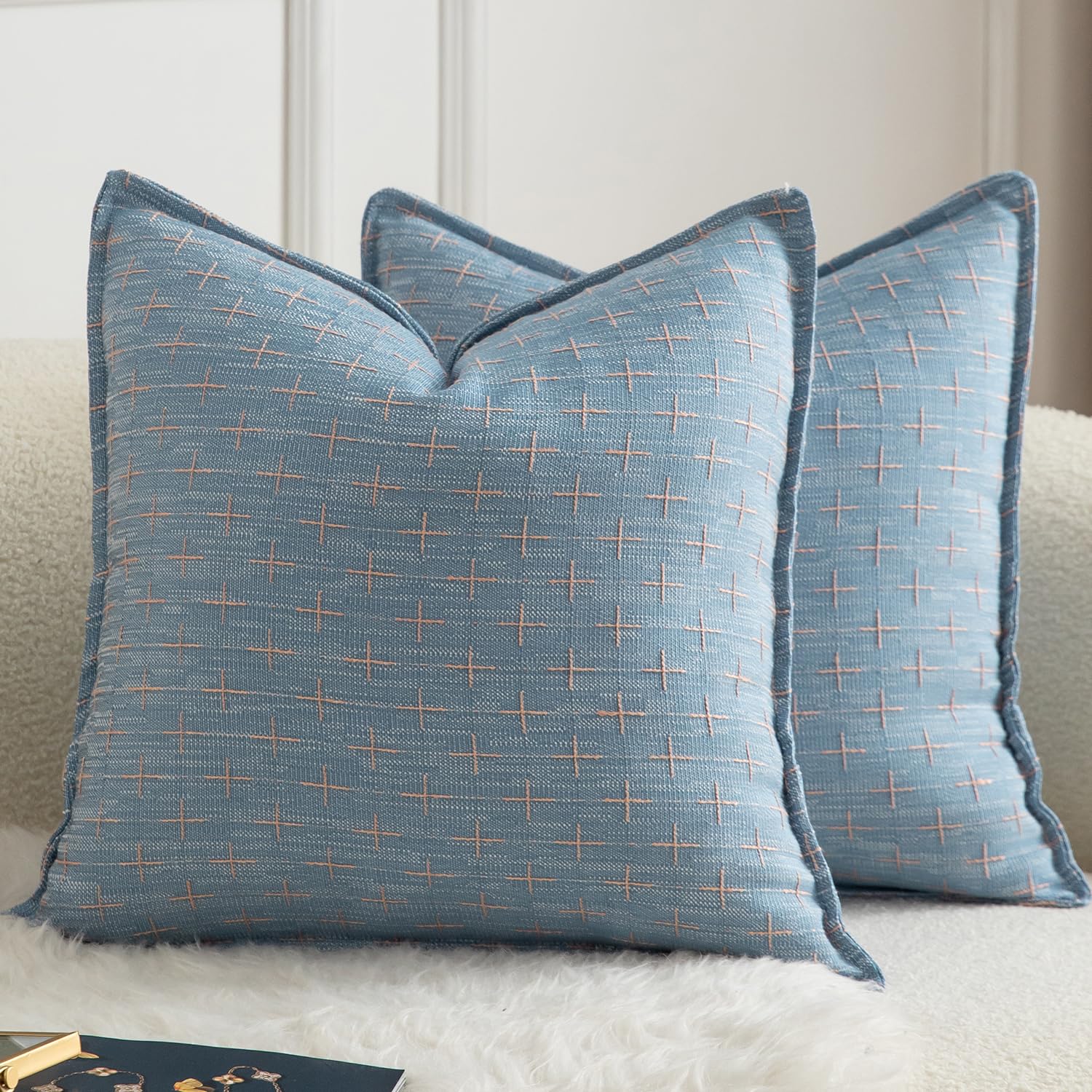 Mandioo Pack of 2 Burlap Linen Cushion Covers Woven Textured Modern Farmhouse Throw Pillow Cases Decorative Couch Sofa Bed Living Room 20 x 20 Inch 50x50 cm Blue