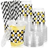 JarThenaAMCS 50Pcs Happy Face Plastic Cups with Lids and Straws Smile Face Checkered Clear Plastic Cups 12oz Disposable Cups for Birthday Baby Shower Party Supplies