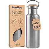 Bambaw Stainless Steel Insulated Water Bottle 32 oz, Stainless Steel Water Bottles 32 oz with Handle &amp; Wide Mouth, Rust-Resistant Metal, Durable &amp; Great for Travel (Natural Steel)