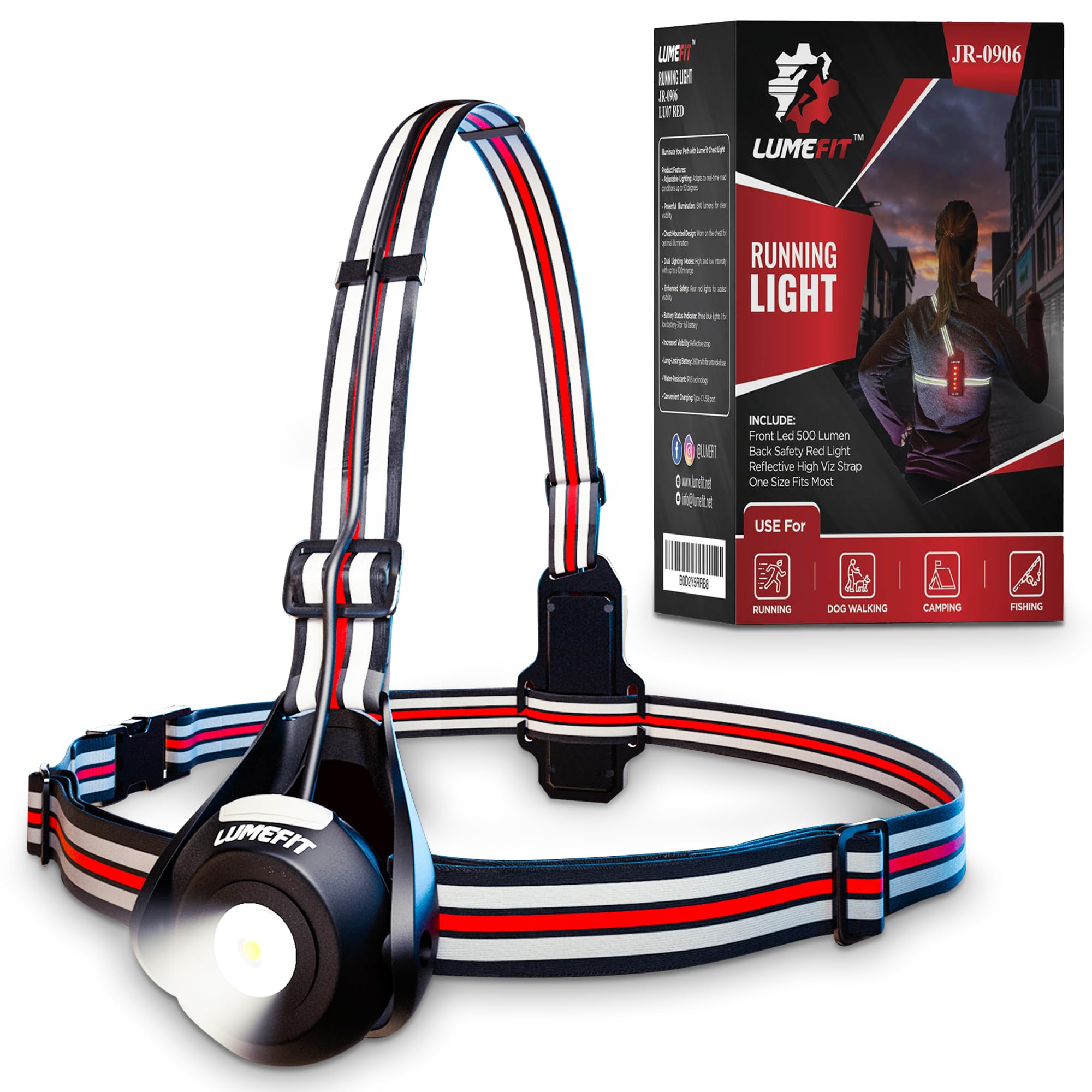 LUMEFIT Run Light Running Lights for Runners Chest LED Lamp 120° Adjustable Beam Angle 800 Lumen 360 Degree Reflective Band USB Rechargeable Front Body Torch Jogging Hiking (Red - JR-0906)