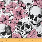 Sketch Skull Fabric by The Yard Watercolor Pink Cherry Blossom Flowers No Stretch Sewing Fabric Gothic Style Rustic Wild Floral Soft Polyester Fabric for DIY Home Accents 3 Yard Bolt,108