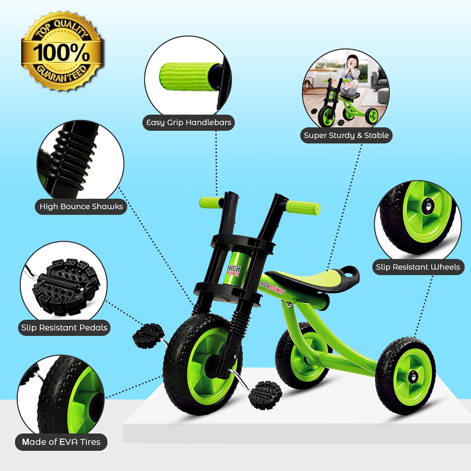 High Bounce Kids Tricycle - Extra Tall 3 Wheel Kids Trike, for Toddlers and Kids Ages 3-6 Adjustable Seat Tricycles, Soft Rubber Handle (Green) : Sports & Outdoors