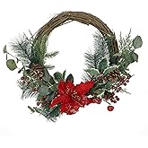 Worldwidetraders Potvin 23.5" Eucalyptus Artificial Half Wreath with Poinsettia and Berries, Green and Red Poinsettia/Berry/Eucalyptus/Half Wreath