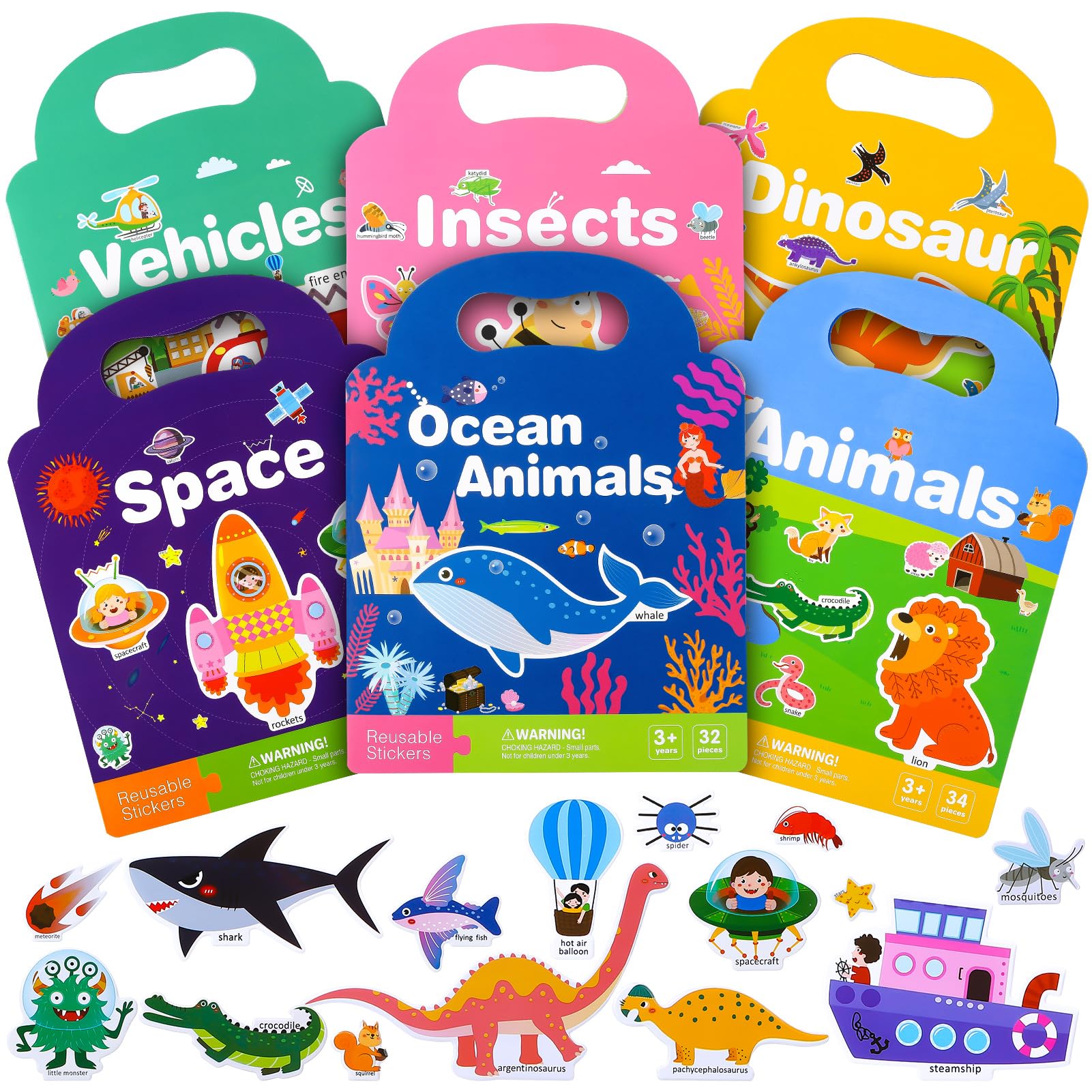 GSrenyu 6Pack Reusable 3D Sticker Book for Kids 3+ Year olds, Travel Activity Packs for Kids, Educational Learning Toy Include Themes Vehicle,Dinosaurs,Animals,Insect,Space,Ocean