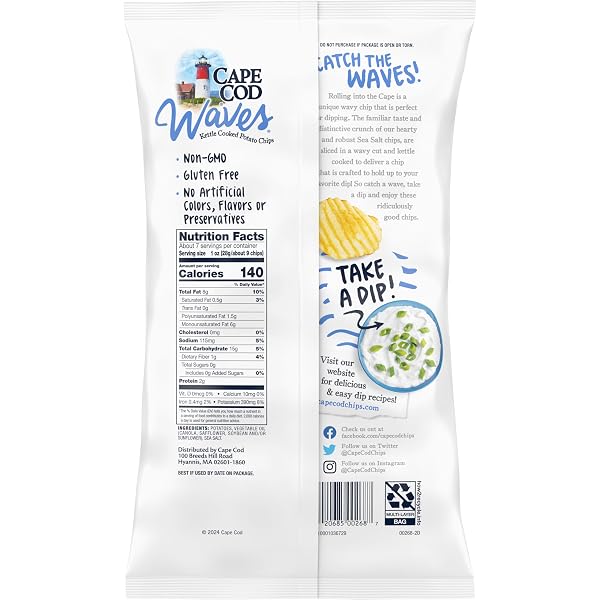 CAPE COD WAVES POTATO CHIPS, WAVY CUT SEA SALT KETTLE CHIPS, 7.5 OZ