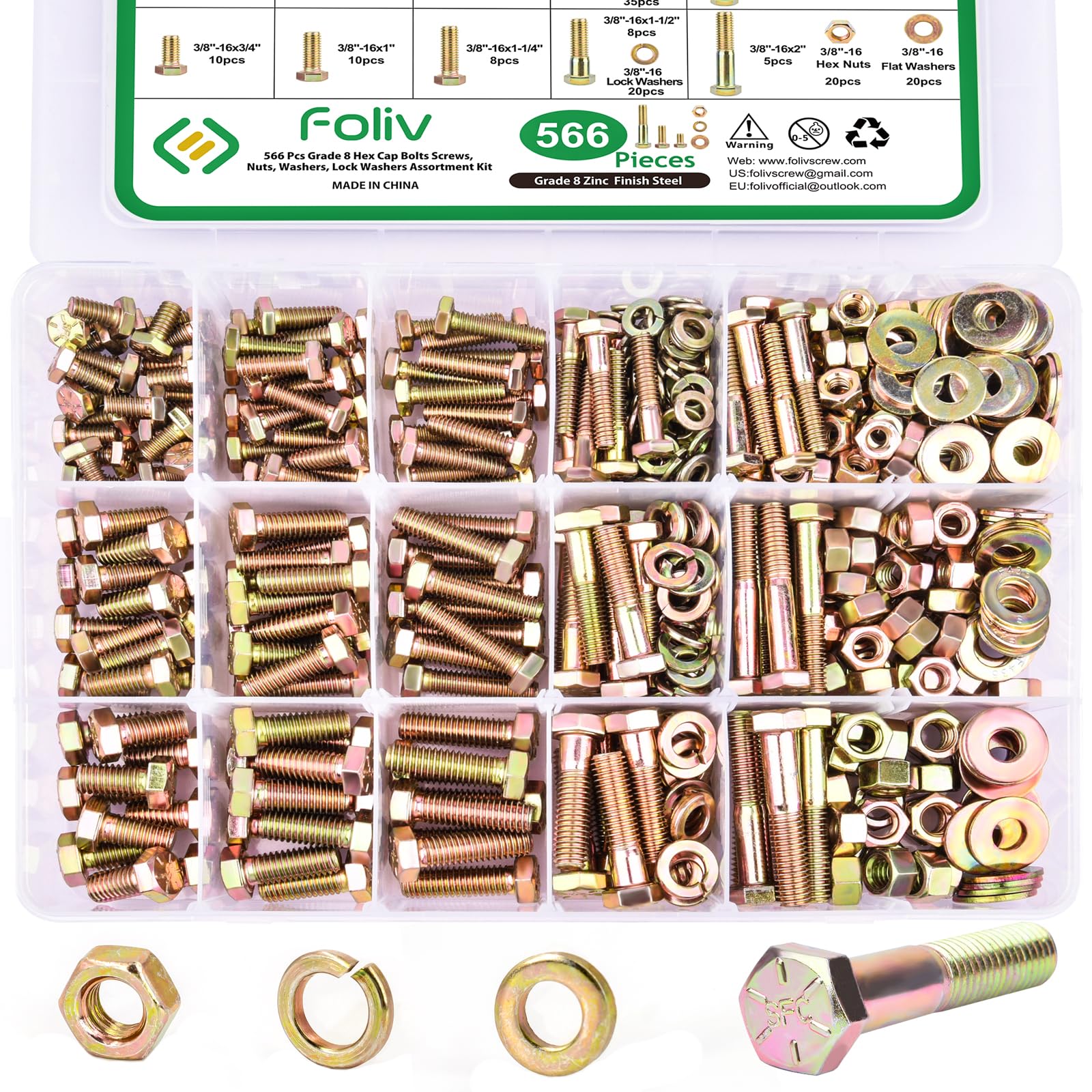 FOLIV 566Pcs Heavy Duty Bolts and Nuts Assortment Kit, Grade 8 Hex Screws Bolts Nuts Kit, 1/4-20 5/16-18 3/8-16, 15 Common Sizes Included Image