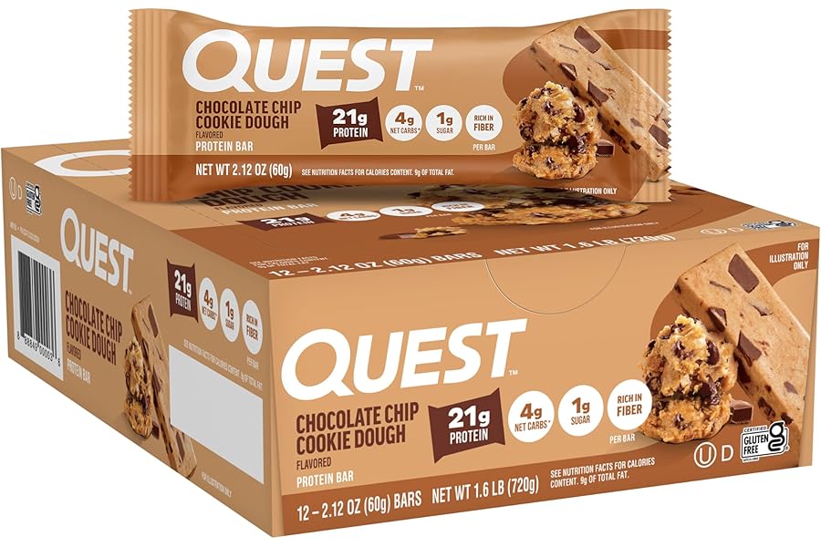 Quest Nutrition Chocolate Chip Cookie Dough Protein Bars, High Protein, Low Carb, Gluten Free, Keto Friendly, 12 Count
