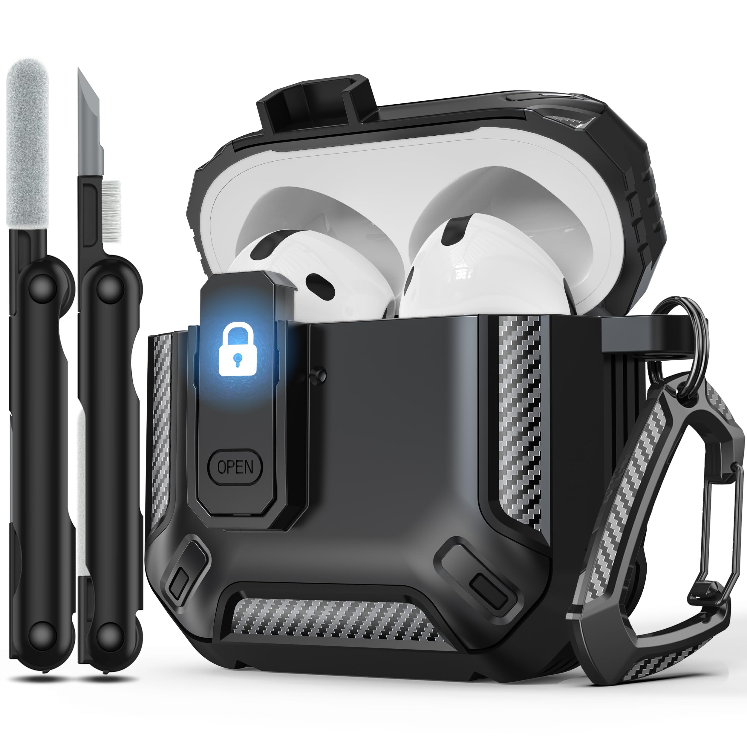 Photo 1 of RFUNGUANGO for AirPods 4th Generation Case, Compatible with AirPods 4th Generation Case (2024), Locking Function, Military-Grade Drop Protection, with Cleaning Kit-Black