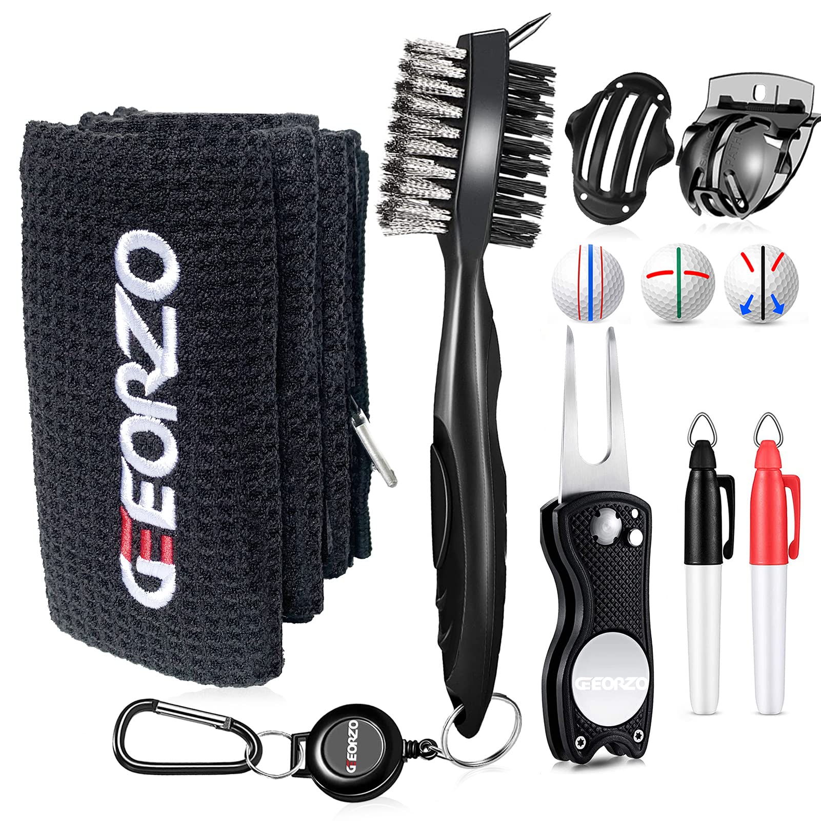 Geeorzo Golf Accessories, Retractable Club Brush, Foldable Golf Divot Repair Tool, Microfiber Golf Towel, Golf Ball Line Marker Tool and Ball Markers (Set1-Black)