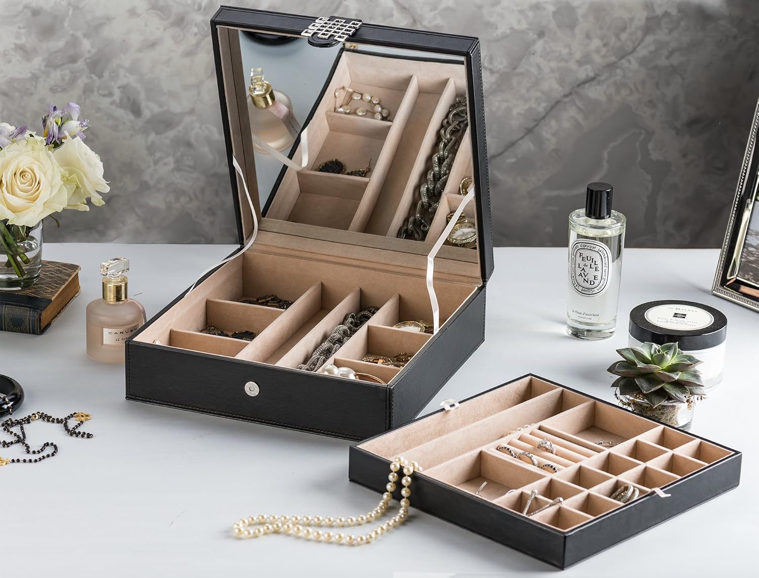 Glenor Co 28 Section Jewelry Box - 2 Layer - Buckle Snap & Magnet Closure - Large Mirror - Leather Design - Black - Jewelry Organizer for Women & Girls - Holder for Earring Ring Necklace & Bracelet: Home & Kitchen